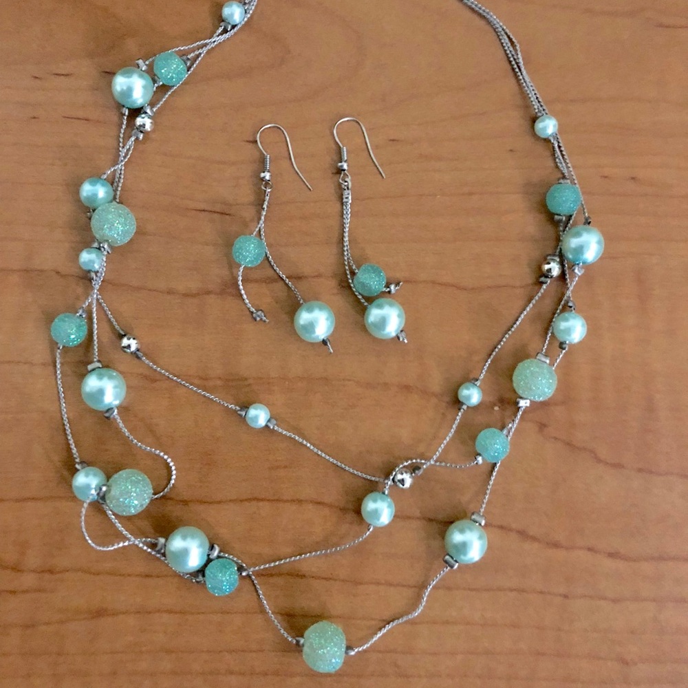 Light Blue Silver Pearl Necklace 2-in-1 W Earrings